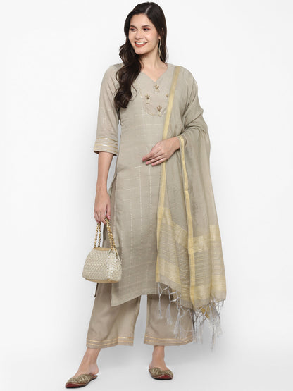 Women's Grey Color Chanderi Silk Embroidered Straight Kurta Palazzo With Dupatta