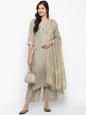 Women's Grey Color Chanderi Silk Embroidered Straight Kurta Palazzo With Dupatta