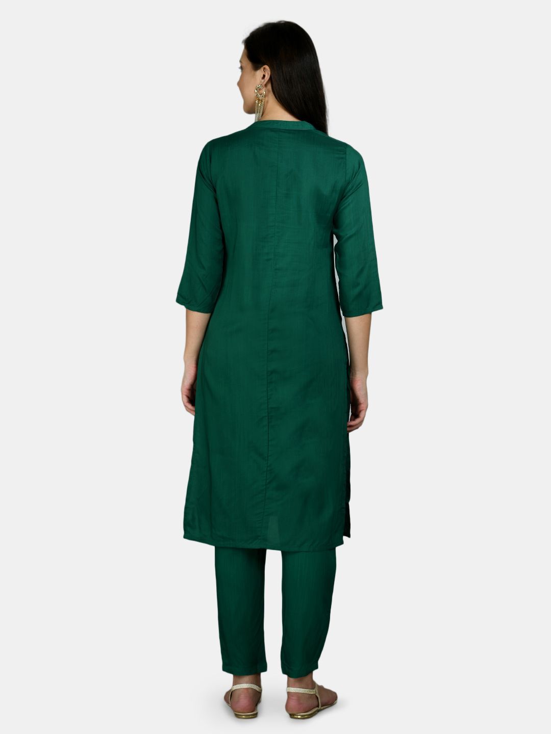 Women's Green Silk Solid 3/4 Sleeve Round Neck Casual Kurta Pant Dupatta Set