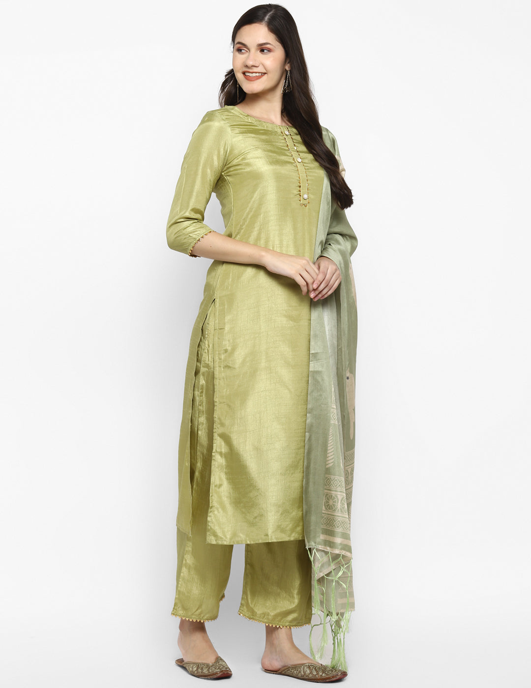 Women's Green Color Silk Blend Straight Kurta Palazzo With Dupatta