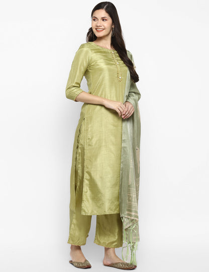 Women's Green Color Silk Blend Straight Kurta Palazzo With Dupatta