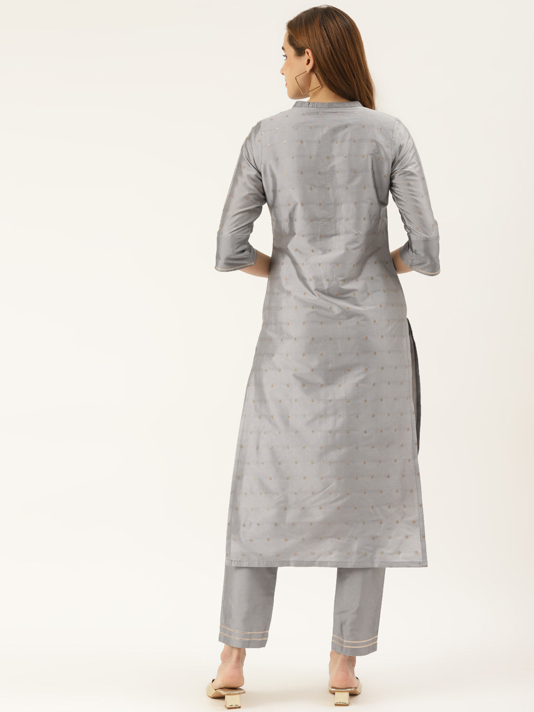 Women's Grey Color Silk Blend Straight Embellished Kurta Pant Set