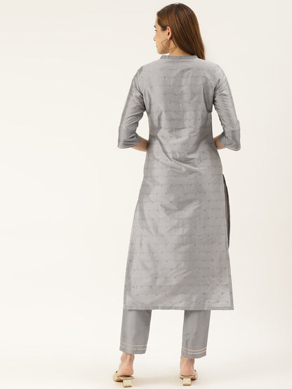 Women's Grey Color Silk Blend Straight Embellished Kurta Pant Set