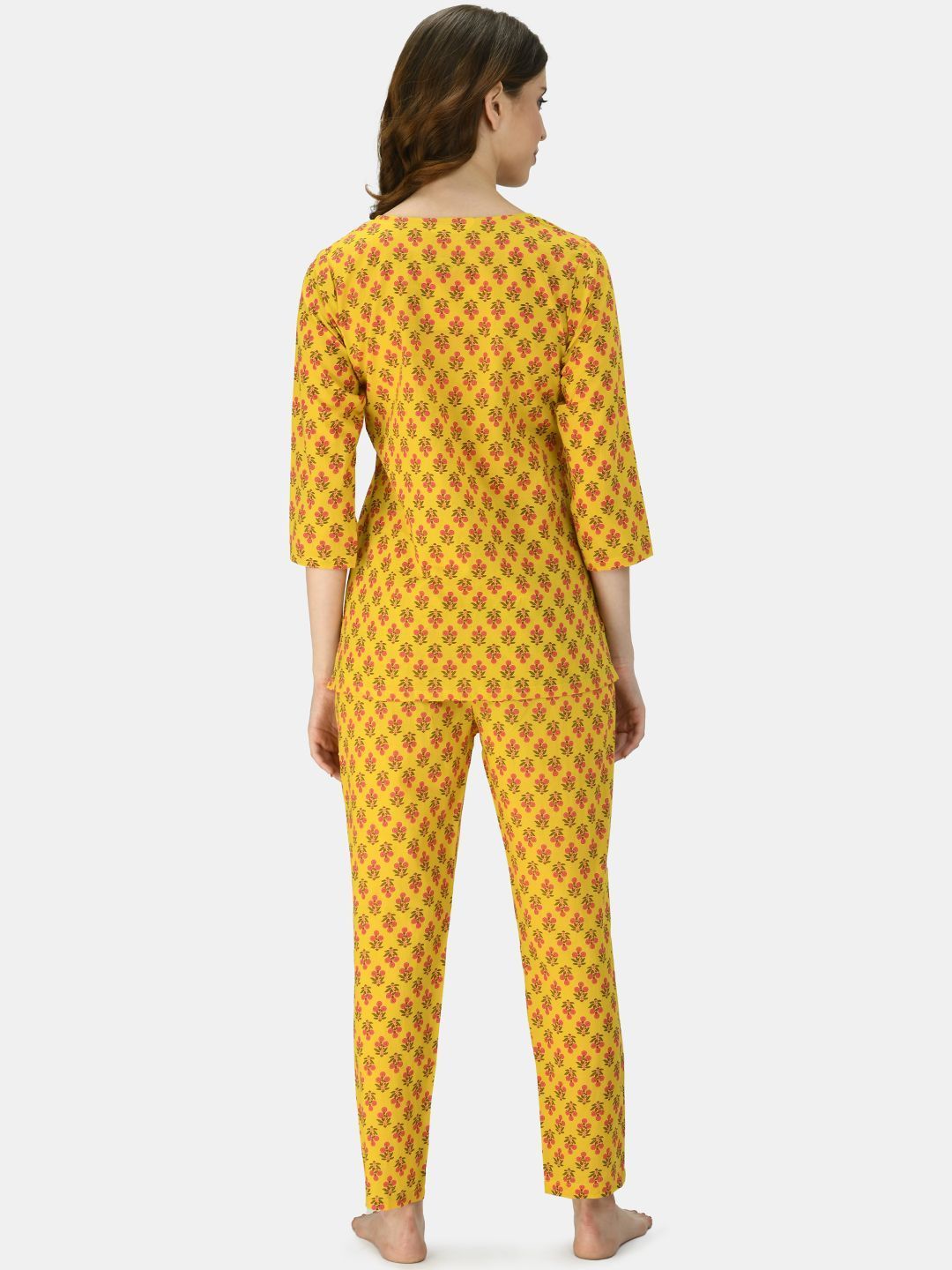 Women's Turmeric Yellow Cotton Printed Half Sleeve V Neck Casual Night Suit