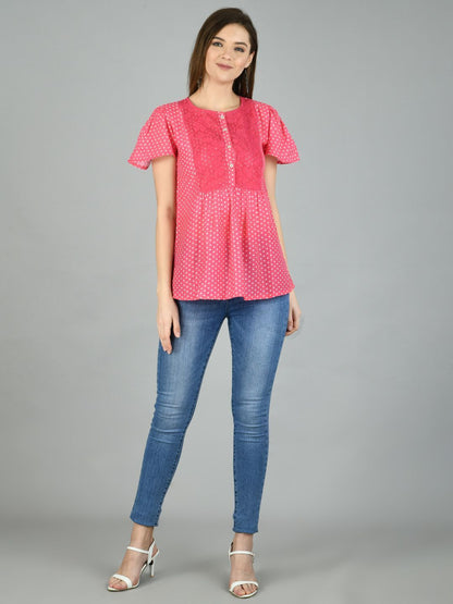 Women's Pink Polyester Printed Half Sleeve Round Neck Casual Top