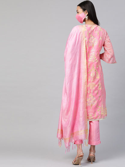 Women's Pink A-Line Printed Kurta Pant & Dupatta Set with Mask