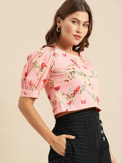 Women's Pink & Yellow Floral Printed Regular Crop Top