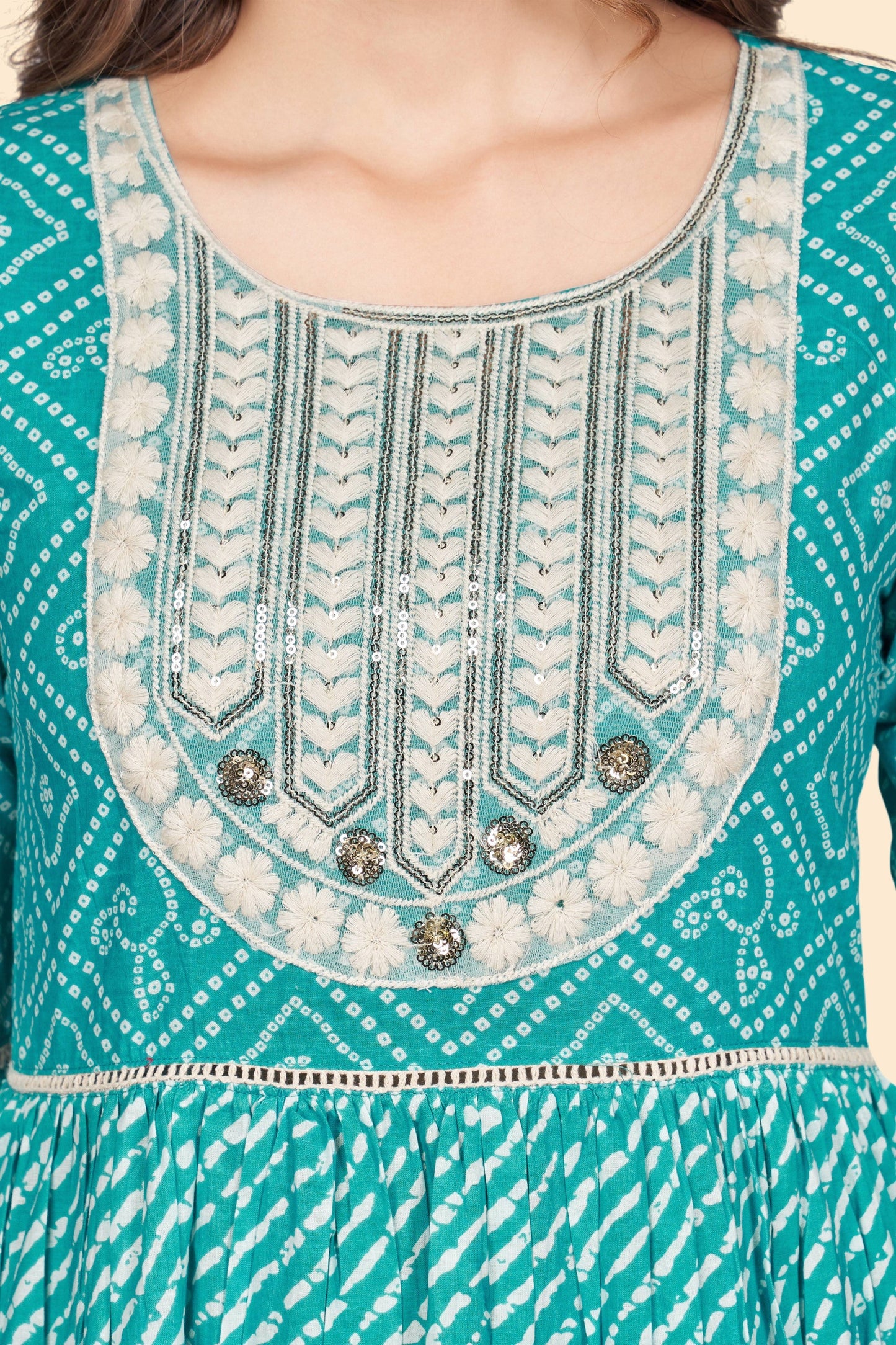 Women's Bandhani Print & Embroidered Flared Cotton Sky Blue Stitched Top With Pant