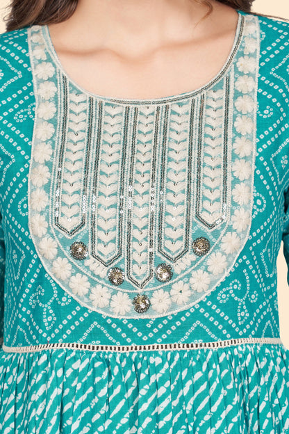 Women's Bandhani Print & Embroidered Flared Cotton Sky Blue Stitched Top With Pant