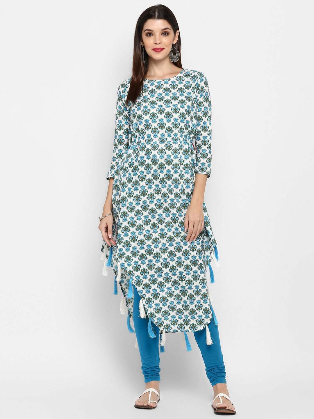 Women's Sky Blue & White Cotton Asymmetric Kurta By Vbuyz- (