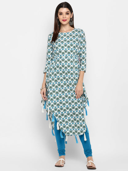 Women's Sky Blue & White Cotton Asymmetric Kurta By Vbuyz- (