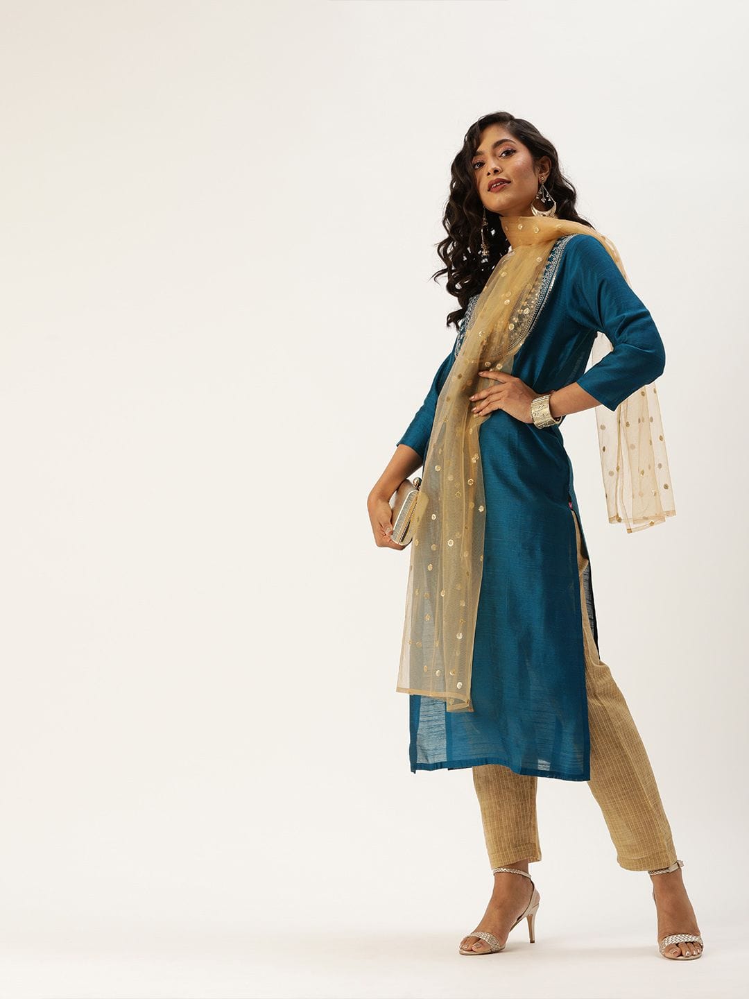Women's Teal Blue & Beige Sequined Yoke Design Kurta With Trousers & Dupatta