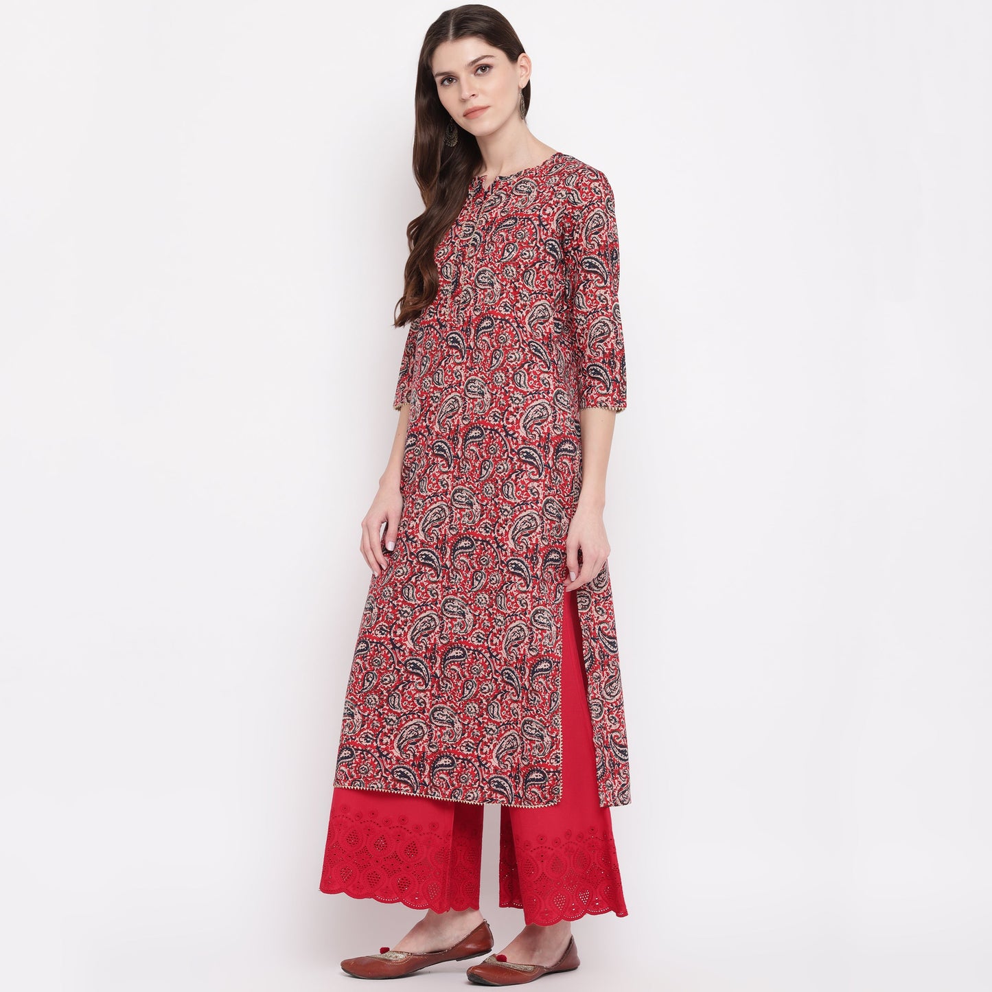 Women's Red Kalamkari Print Cotton Kurta By Vbuyz- (