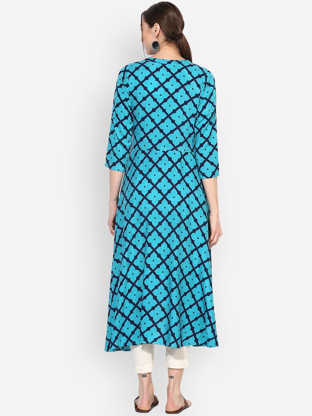 Women's Blue Rayon Printed 3/4 Sleeve Round Neck Casual Kurta Only