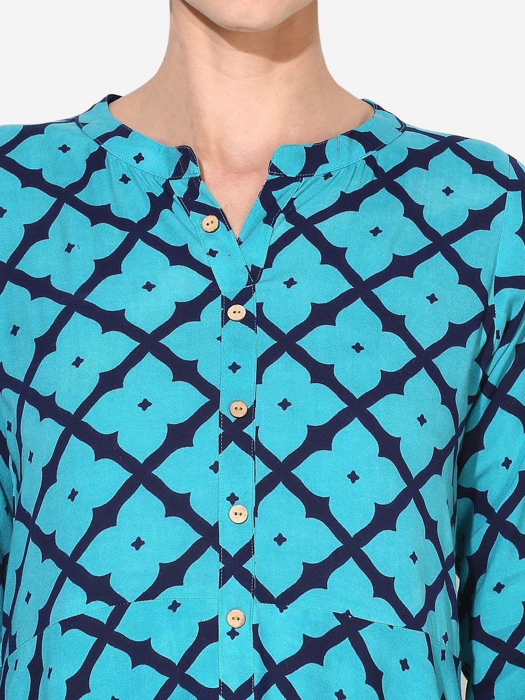 Women's Blue Rayon Printed 3/4 Sleeve Round Neck Casual Kurta Only