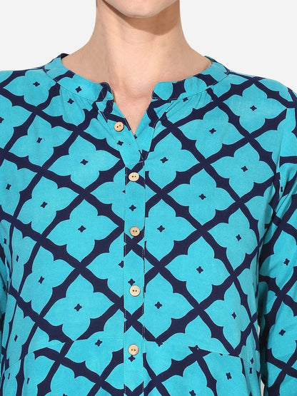 Women's Blue Rayon Printed 3/4 Sleeve Round Neck Casual Kurta Only