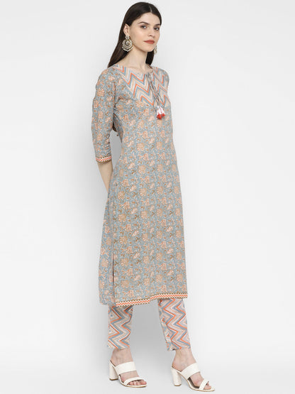 Women's Grey Cotton Kurta With Pant & Dupatta By Vbuyz (3