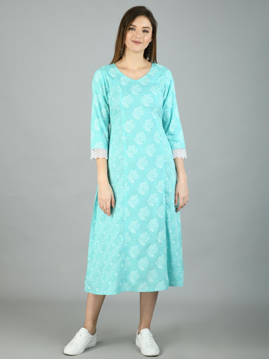 Women's Sky Blue Cotton Printed Full Sleeve V Neck Casual Dress