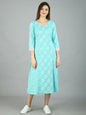 Women's Sky Blue Cotton Printed Full Sleeve V Neck Casual Dress