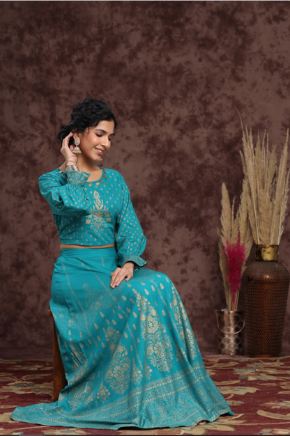 Women's Teal Rayon Printed Lehenga Choli Set