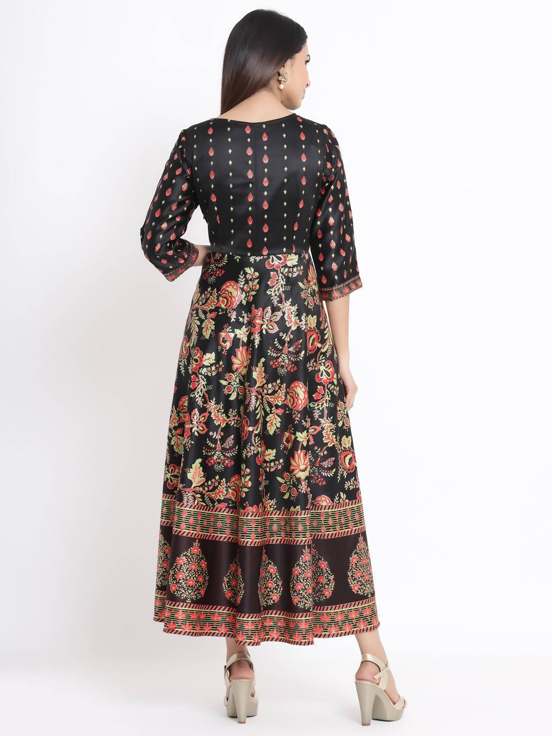 Women's Black Dull Satin Printed Flared Dress With Hair-Band