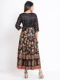 Women's Black Dull Satin Printed Flared Dress With Hair-Band