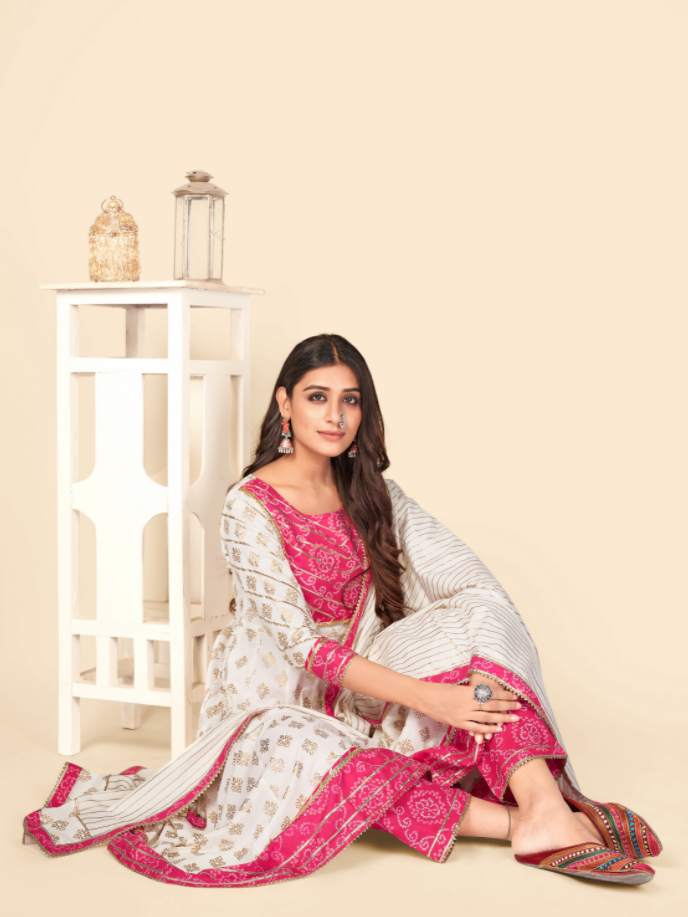 Women's Pink & White Anarkali Kurta & Pant With Dupatta Set Vbuyz- (3