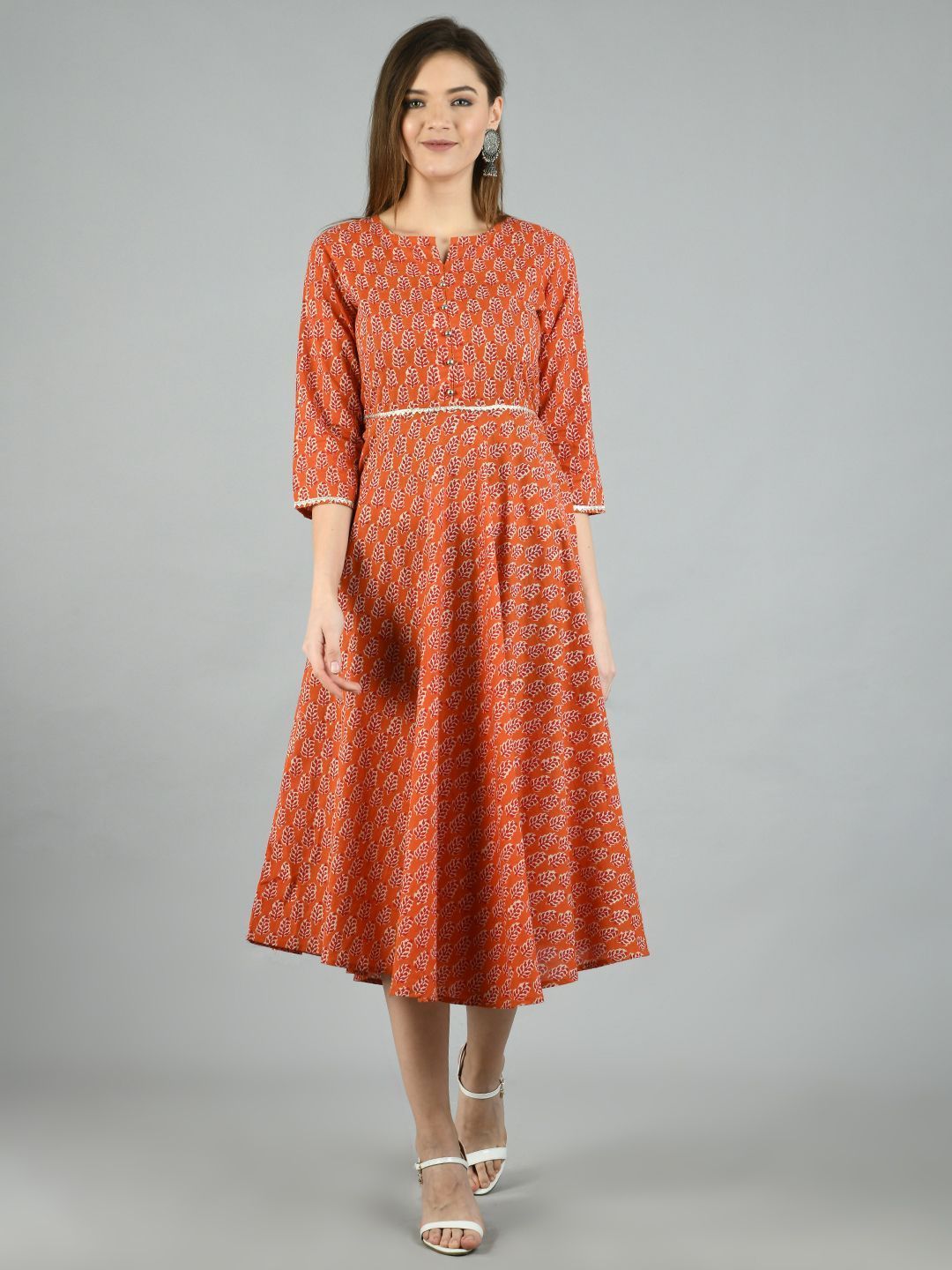 Women's Brown Cotton Printed 3/4 Sleeve Round Neck Casual Dress