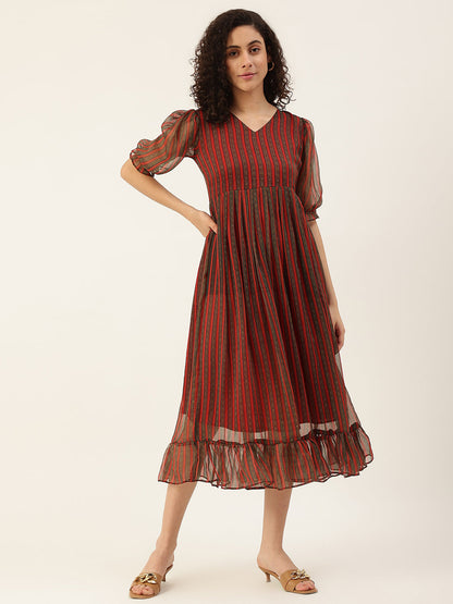 Women's Maroon Color Chiffon Flared Printed A-Line Striped Dress