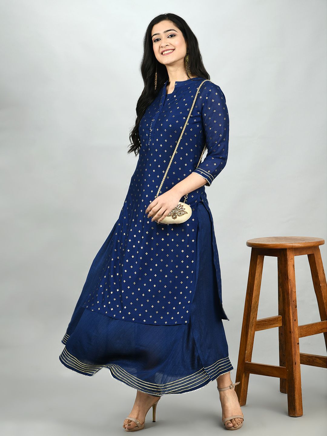 Women's Navy Blue Georgette Printed 3/4 Sleeve Mandarin Neck Casual Kurta Cammy Set