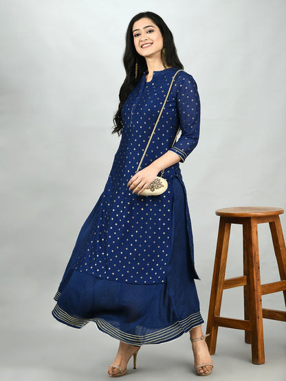 Women's Navy Blue Georgette Printed 3/4 Sleeve Mandarin Neck Casual Kurta Cammy Set