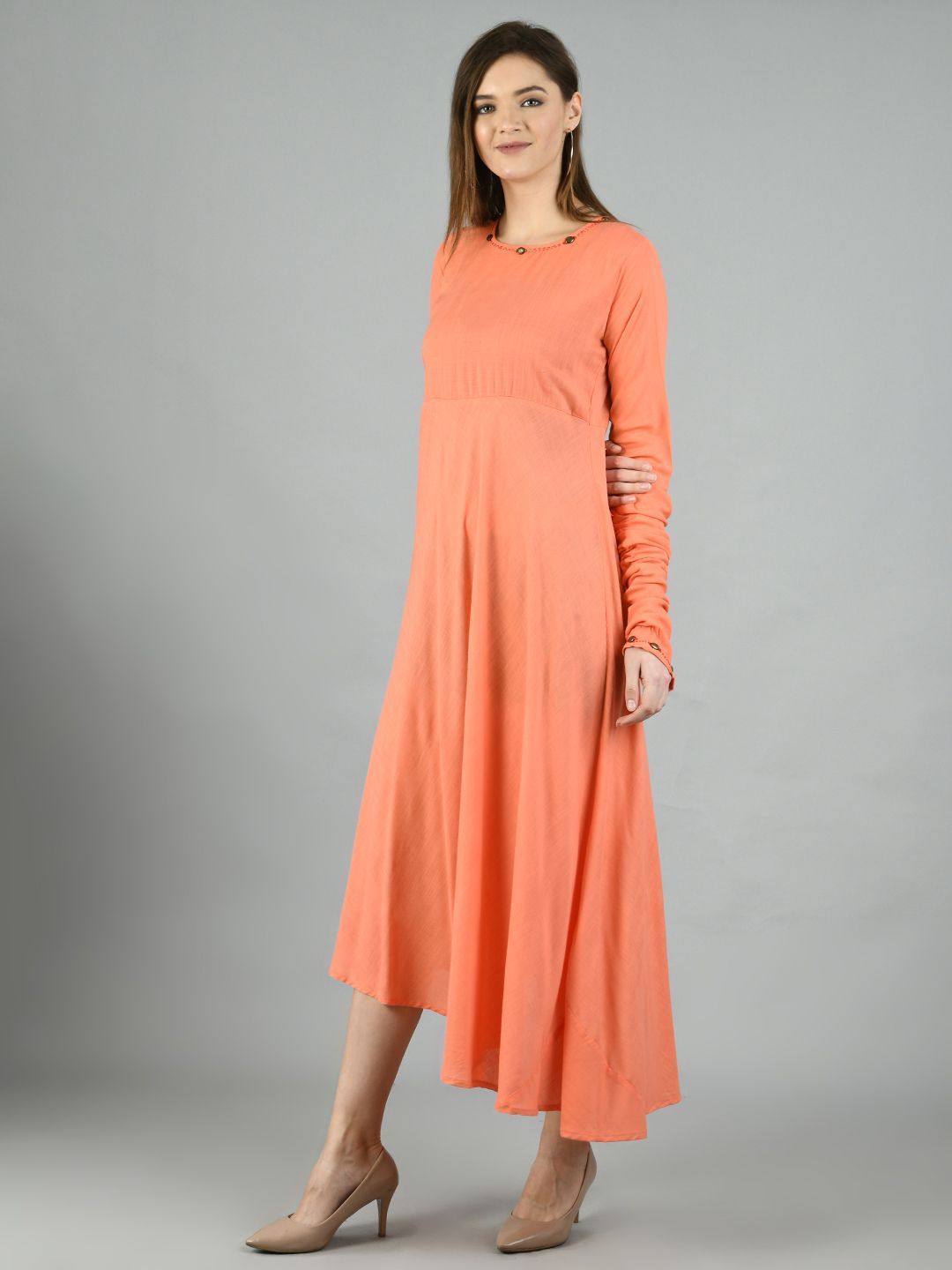 Women's Peach Cotton Solid Full Sleeve Round Neck Casual Dress Dupatta Set