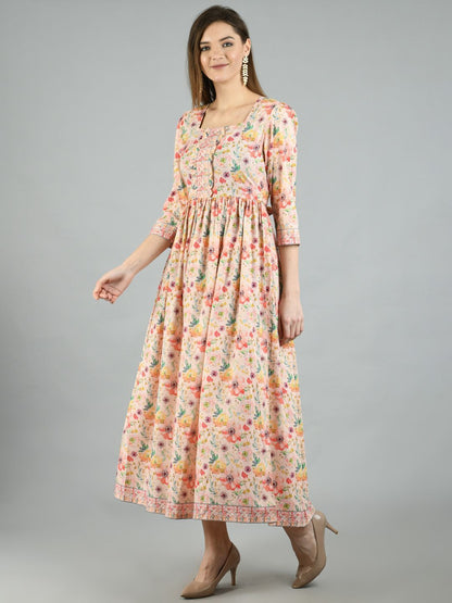 Women's Multi Cotton Printed 3/4 Sleeve Squre Casual Dress