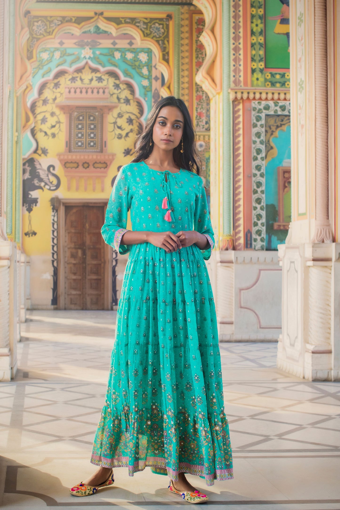 Women's Mint Georgette Printed Tiered Dress1