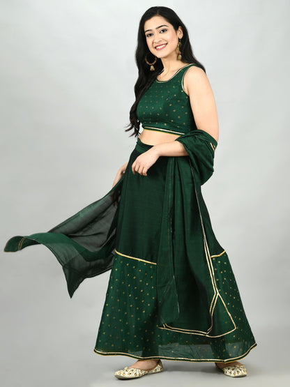 Green Georgette Printed Sleeveless Round Neck Casual Blouse Lehenga Dupatta Set