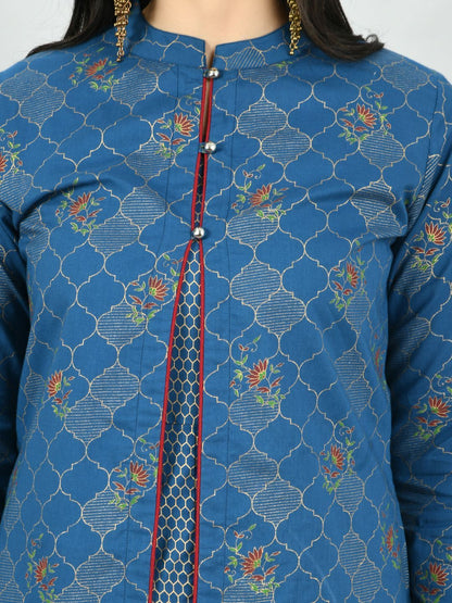 Women's Blue Cotton Printed Full Sleeve Mandarin Neck Casual Kurta Jacket Set