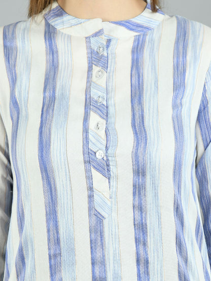 Women's White::Blue Cotton Printed 3/4 Sleeve Mandarin Neck Casual Kurta Pant Dupatta Set