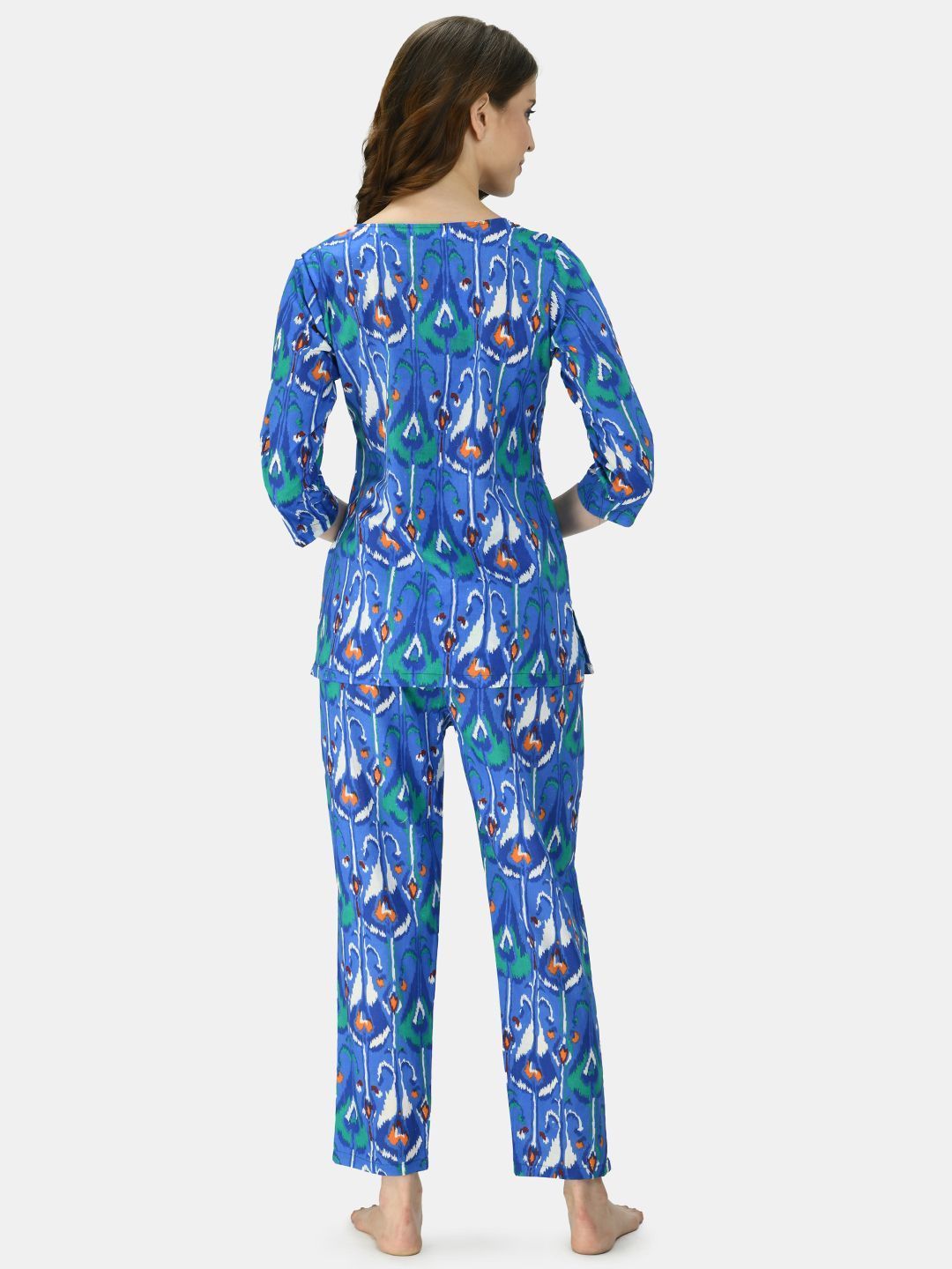 Women's Blue Cotton Printed Half Sleeve V Neck Casual Night Suit