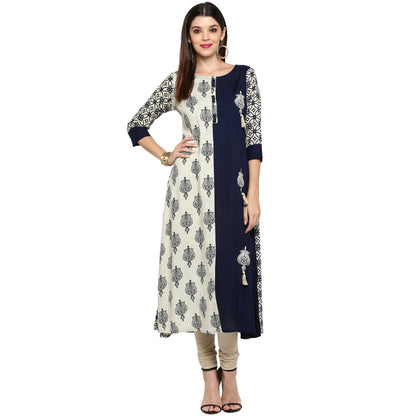 Women's Blue & White Rayon Straight Kurta By Vbuyz- (