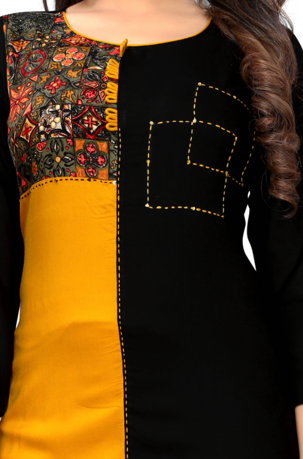 Women's Black & Yellow Rayon Kurta By Vbu