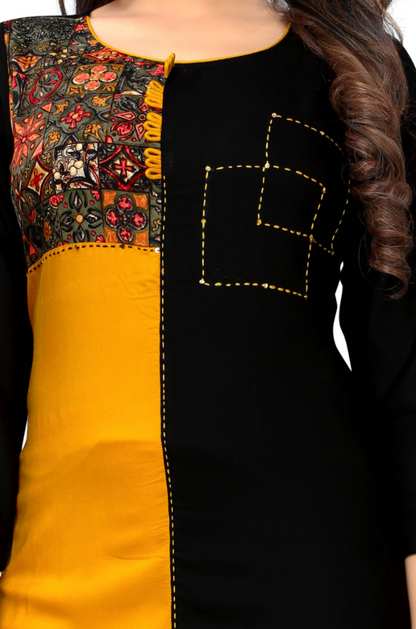 Women's Black & Yellow Rayon Kurta By Vbu