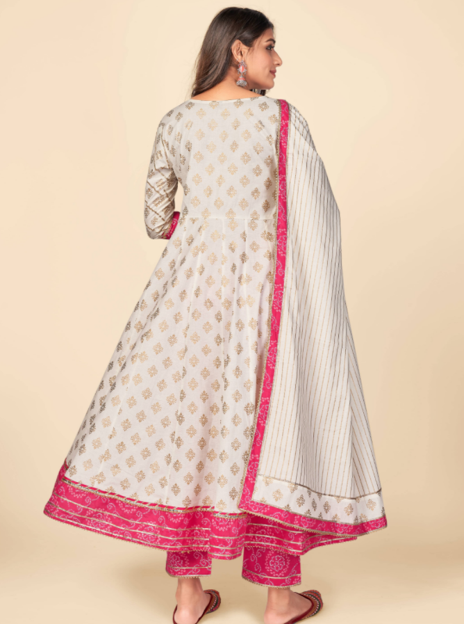 Women's Pink & White Anarkali Kurta & Pant With Dupatta Set Vbuyz- (3