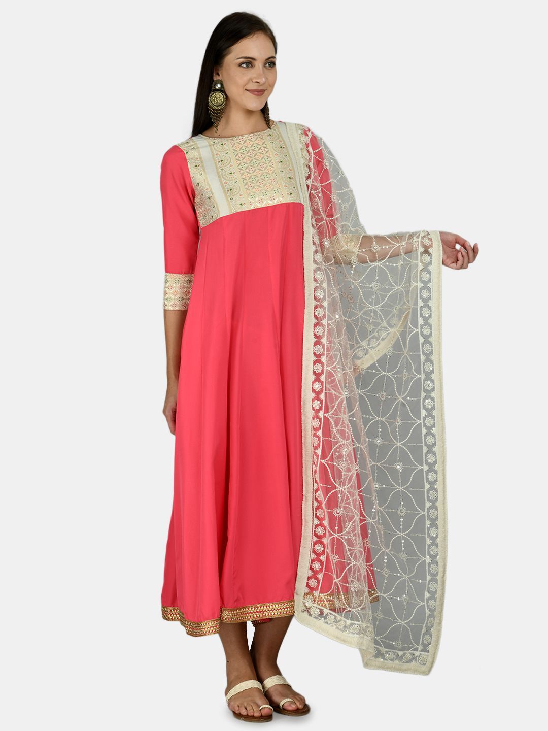 Women's Pink Rayon Printed 3/4 Sleeve Round Neck Casual Anarkali Dupatta Set