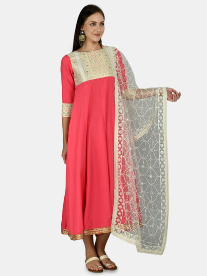 Women's Pink Rayon Printed 3/4 Sleeve Round Neck Casual Anarkali Dupatta Set
