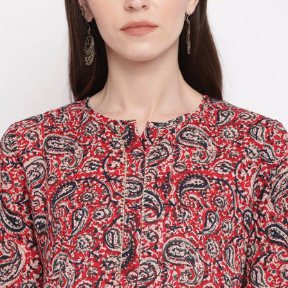 Women's Red Kalamkari Print Cotton Kurta By Vbuyz- (