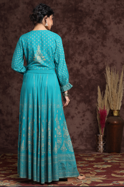 Women's Teal Rayon Printed Lehenga Choli Set