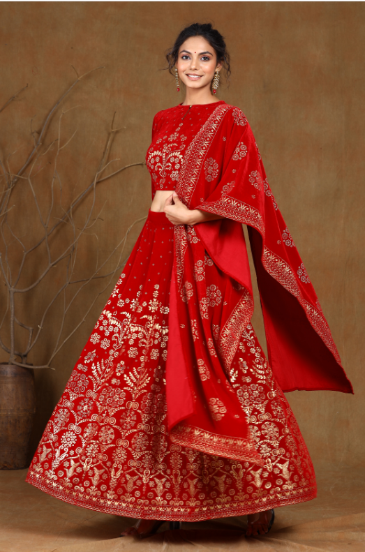 Women's Maroon Velvet Printed Lehenga Choli Dupatta Set