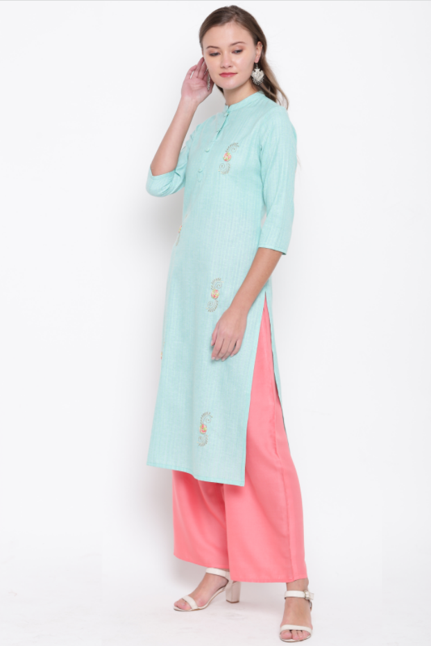 Women's Embroidered/Solid Straight Cotton Sky Blue Kurta (1Pc)