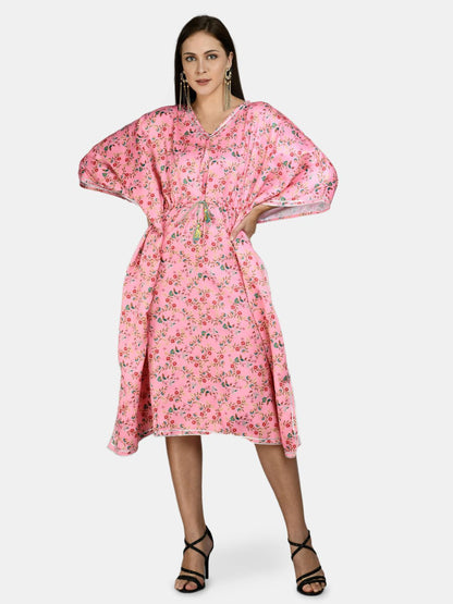 Women's Pink Polyester Printed Full Sleeve V Neck Casual kaftaan