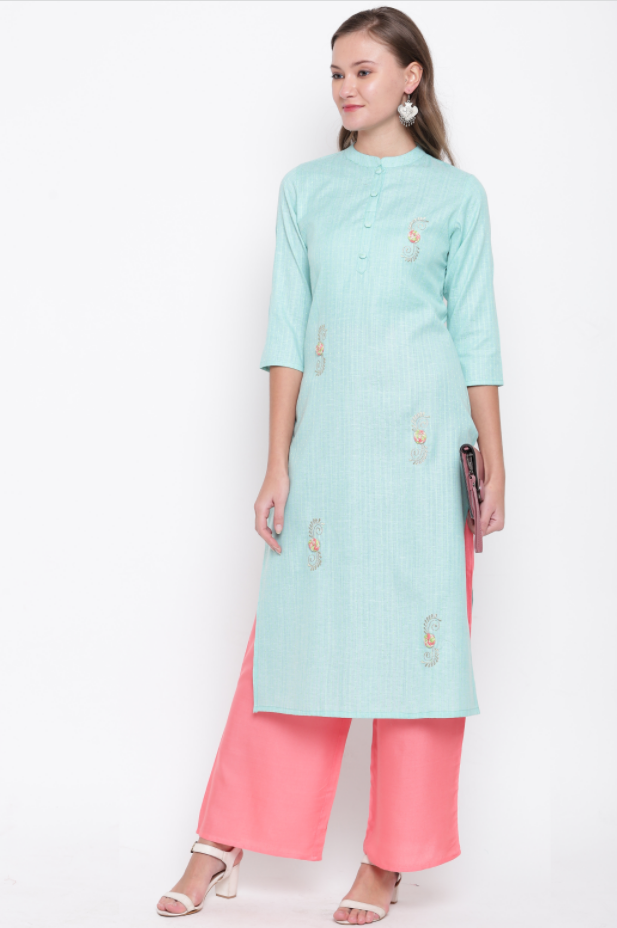Women's Embroidered/Solid Straight Cotton Sky Blue Kurta (1Pc)